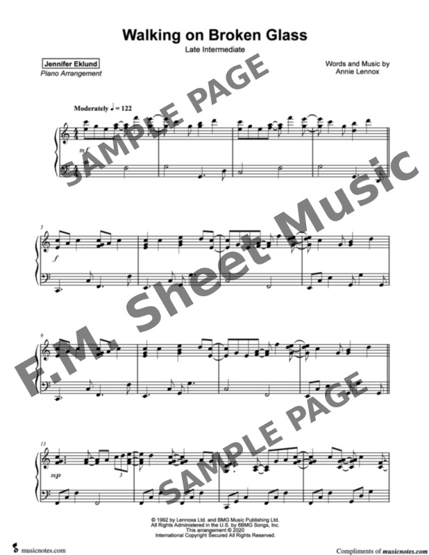 Walking on Broken Glass (Late Intermediate Piano) By Annie Lennox F.M. Sheet Music Pop Walking on Broken Glass (Late Intermediate Piano) By Annie Lennox F.M. Sheet Music Pop